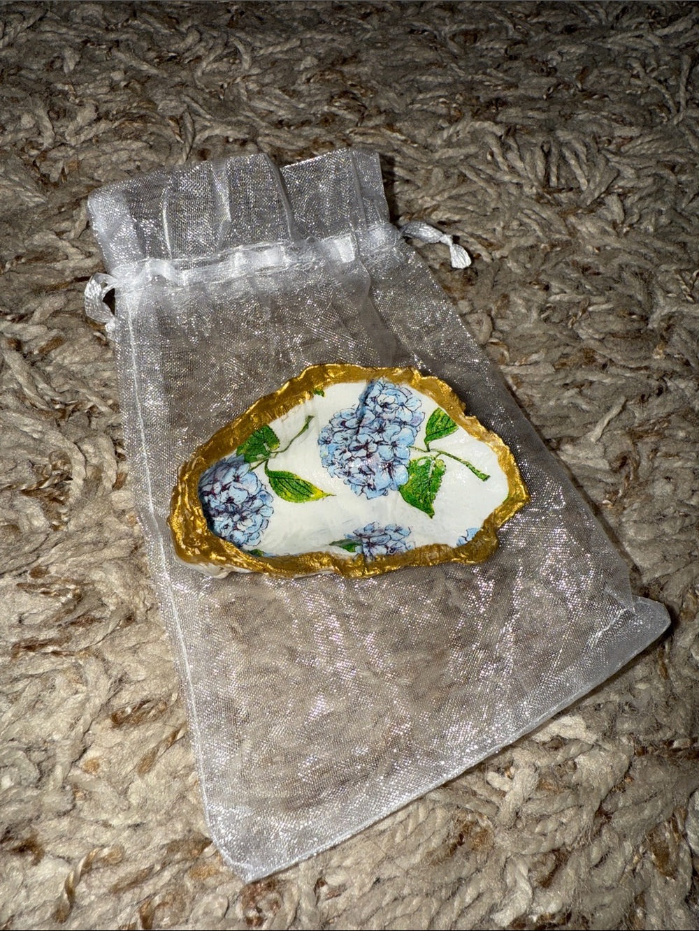 Hand-Painted Floral Oyster Shell Trinket Dish with Gold Edge